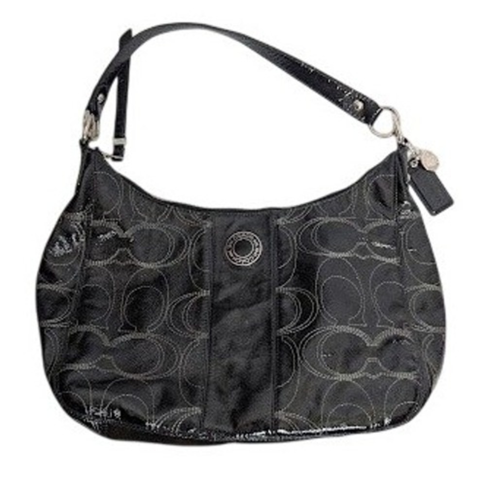Coach Women Signature Hobo Bag Medium Black Patent Leather Trim Handbag Stitched